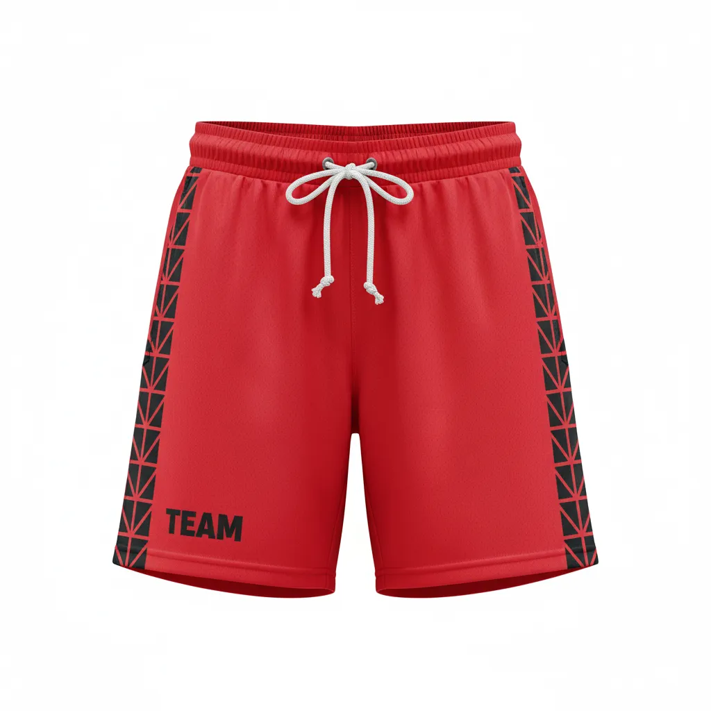 Custom Volleyball Athletic Shorts - Red, Black - Geometric Triangles - Front View - Kinexa Sportswear