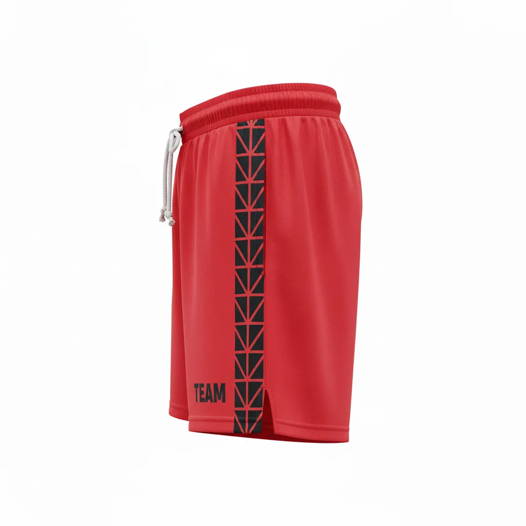 Custom Volleyball Athletic Shorts - Red, Black - Geometric Triangles - Side View - Kinexa Sportswear
