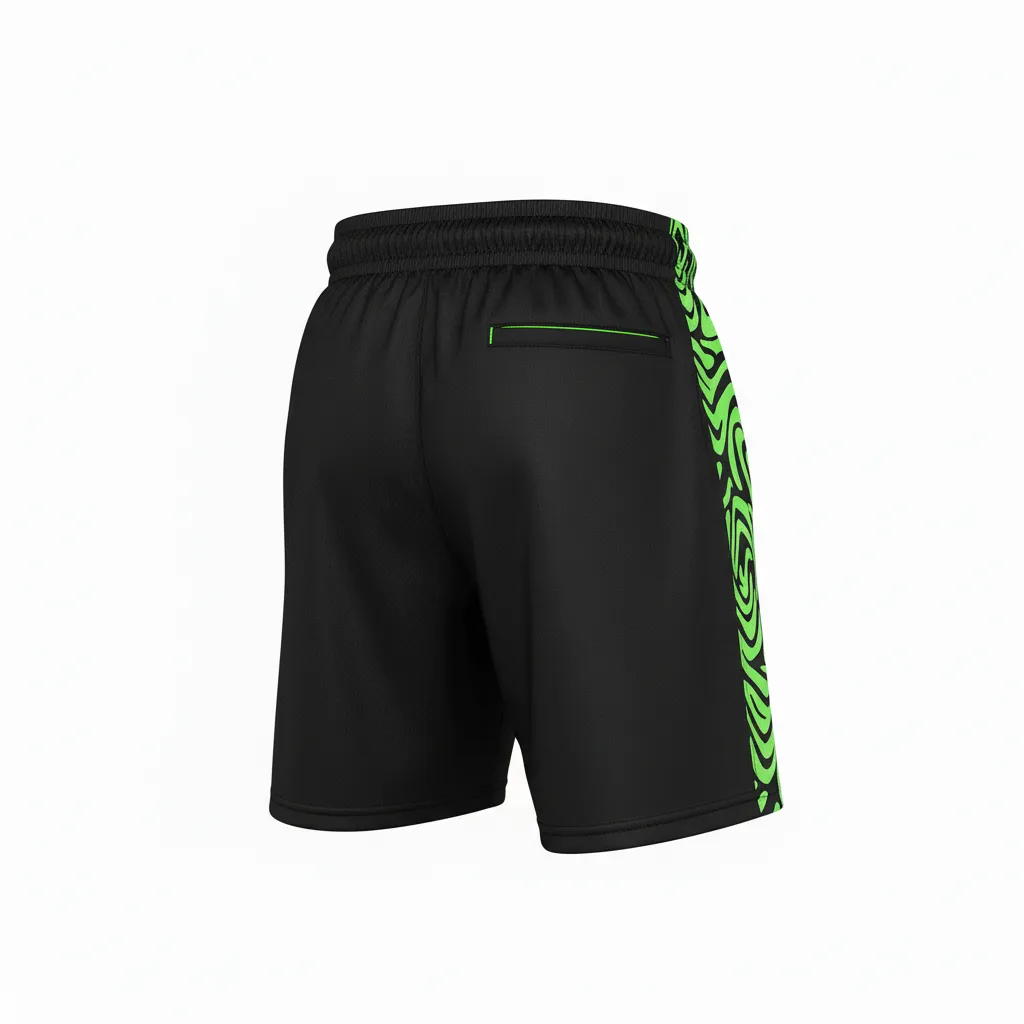 Custom Volleyball Athletic Shorts - Black, Green - Neon Wave Pattern - Back View - Kinexa Sportswear
