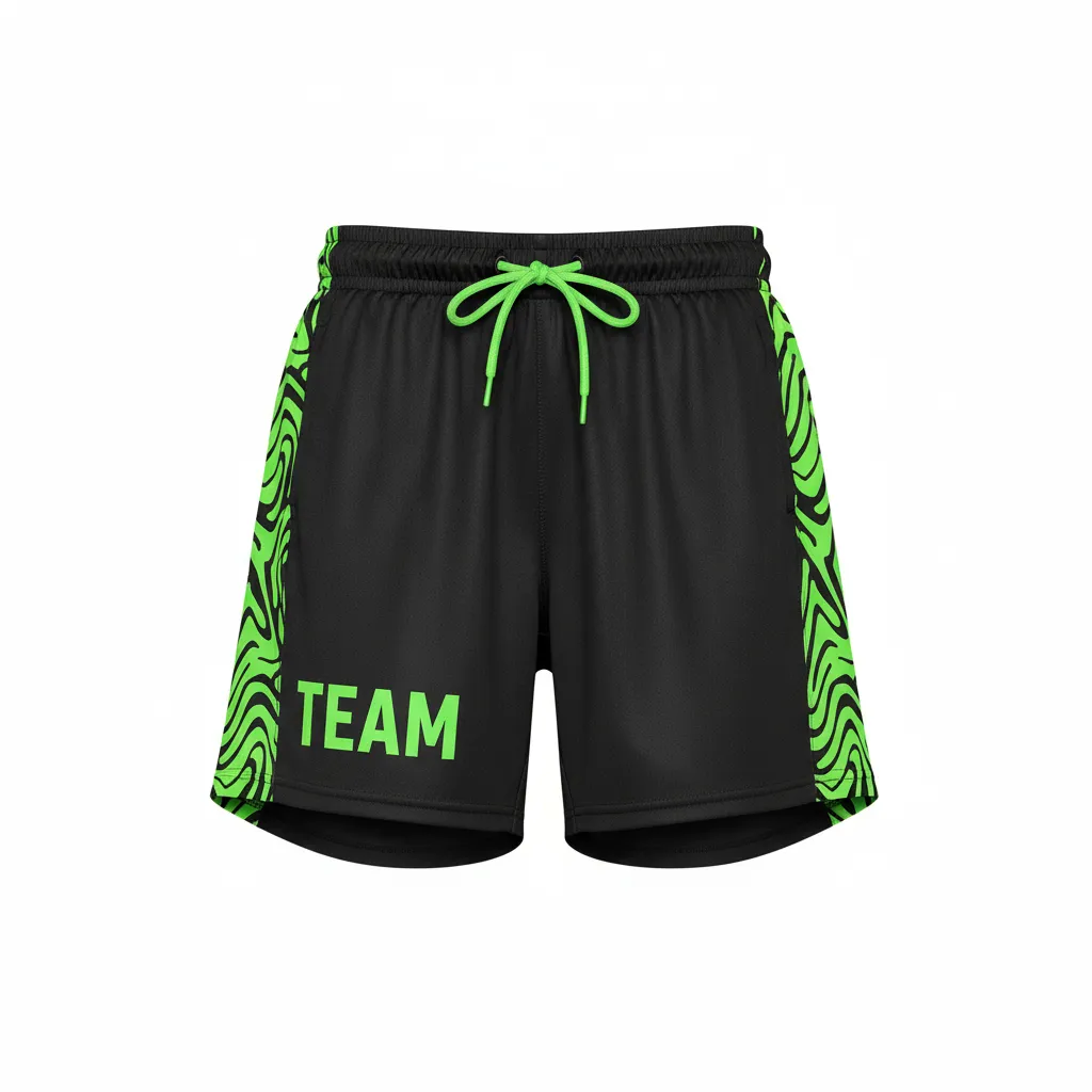 Custom Volleyball Athletic Shorts - Black, Green - Neon Wave Pattern - Front View - Kinexa Sportswear