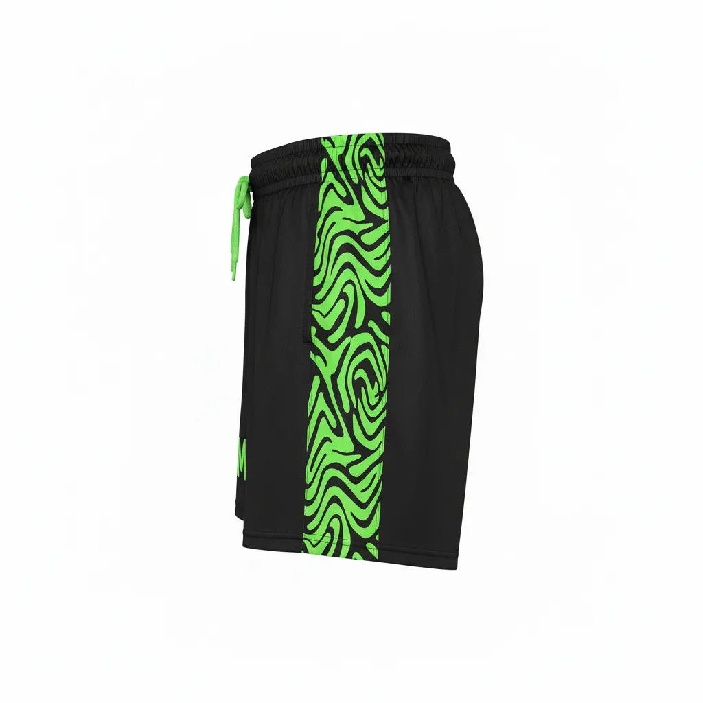 Custom Volleyball Athletic Shorts - Black, Green - Neon Wave Pattern - Side View - Kinexa Sportswear
