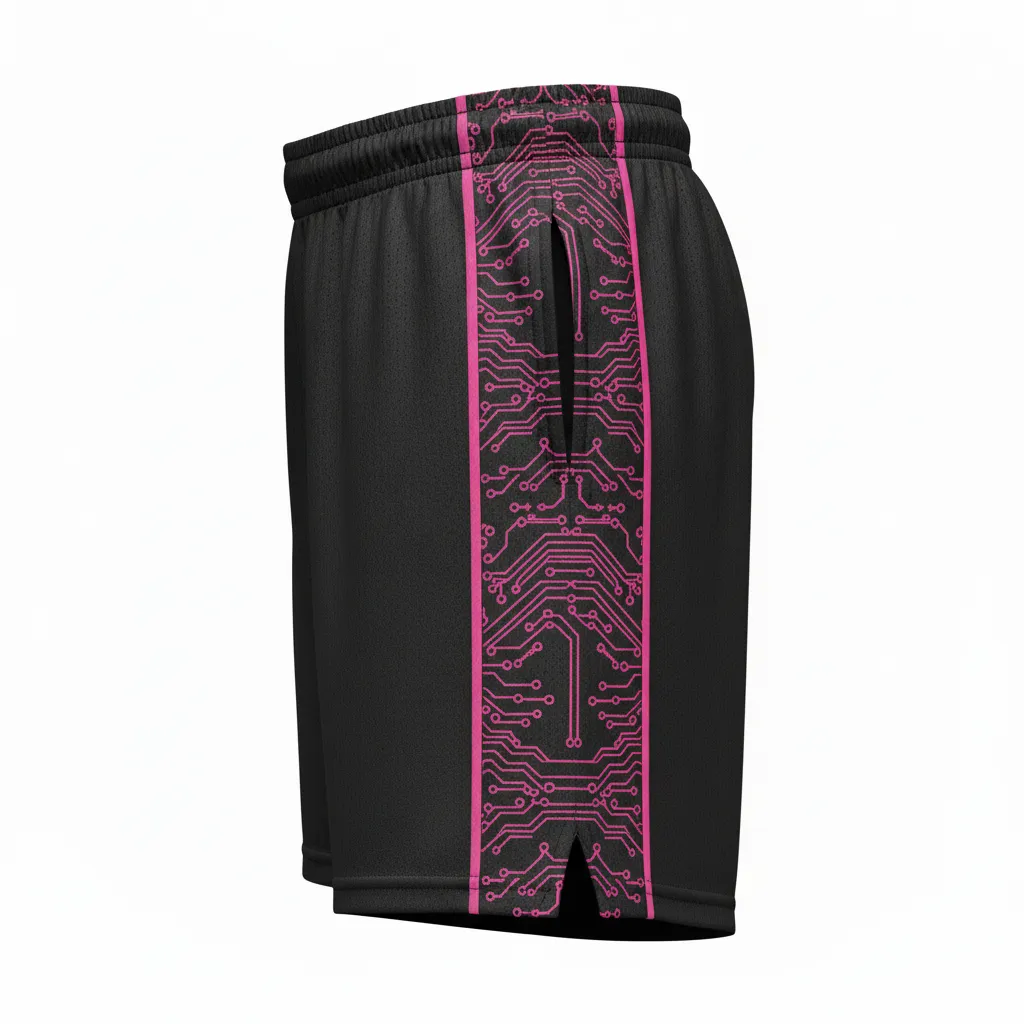 Custom Volleyball Athletic Shorts - Black, Pink - Neon Circuit Pattern - Side View - Kinexa Sportswear