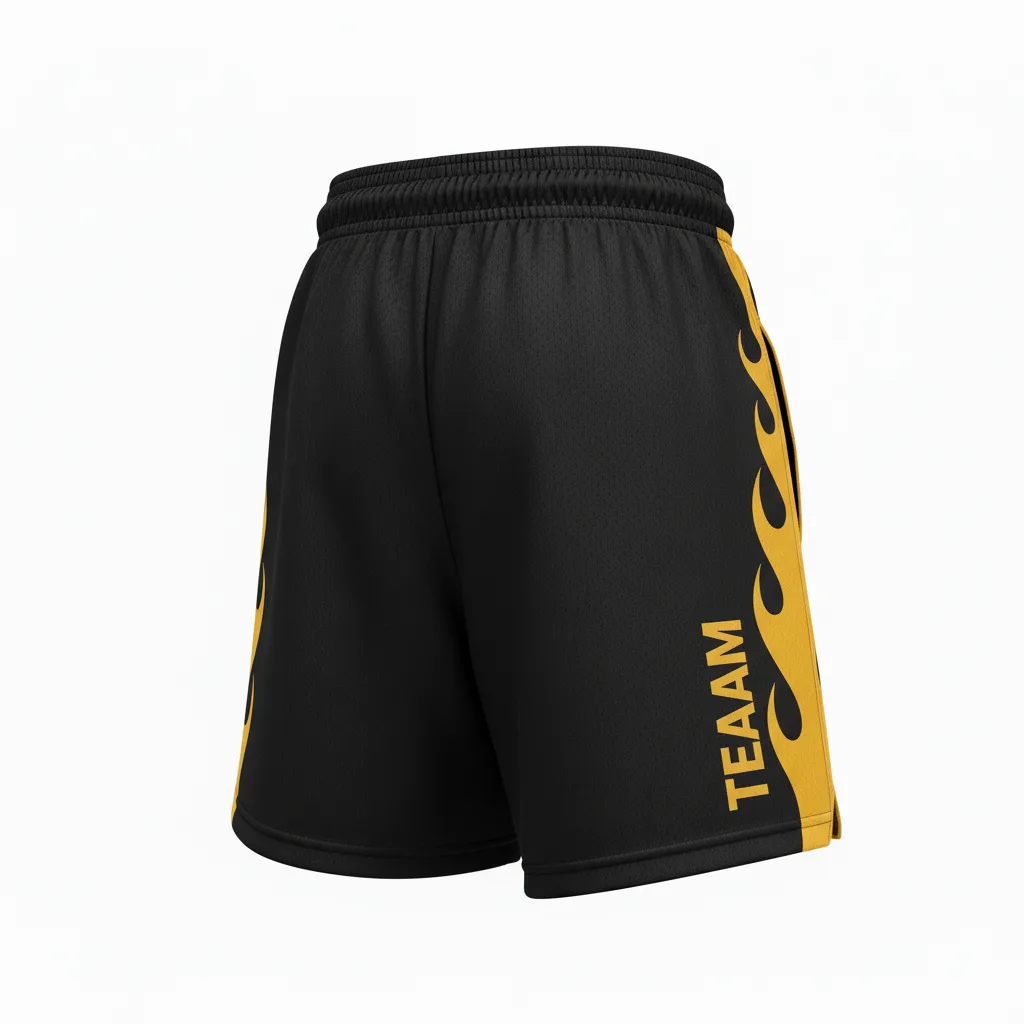 Custom Volleyball Athletic Shorts - Black, Gold - Vegas Flame Design - Back View - Kinexa Sportswear