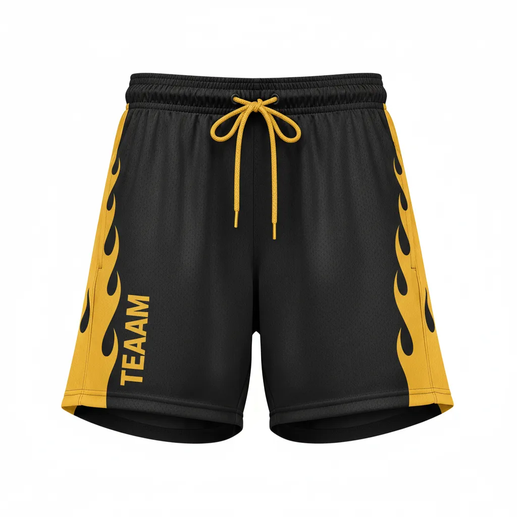 Custom Volleyball Athletic Shorts - Black, Gold - Vegas Flame Design - Front View - Kinexa Sportswear