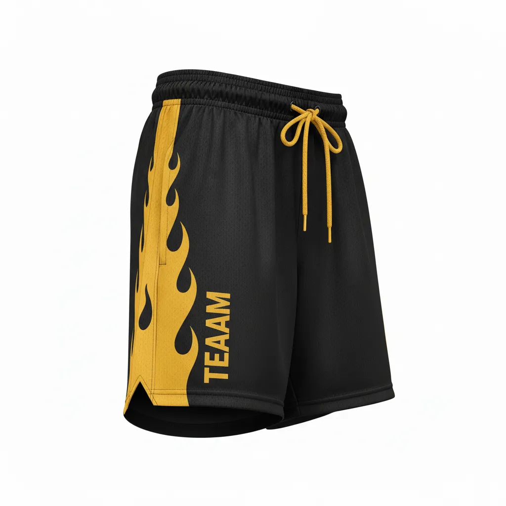 Custom Volleyball Athletic Shorts - Black, Gold - Vegas Flame Design - Side View - Kinexa Sportswear
