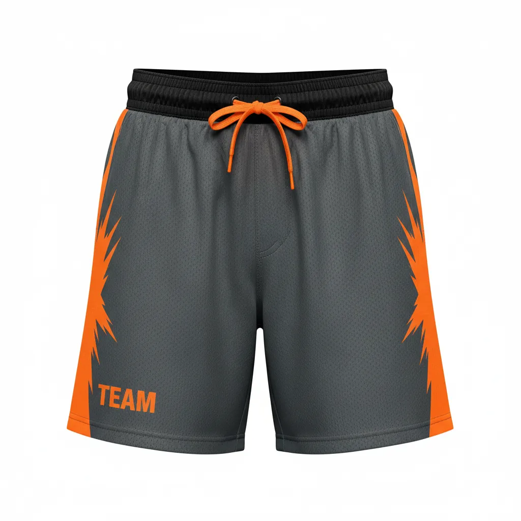 Custom Volleyball Athletic Shorts - Grey, Orange - Charcoal Neon Burst - Front View - Kinexa Sportswear