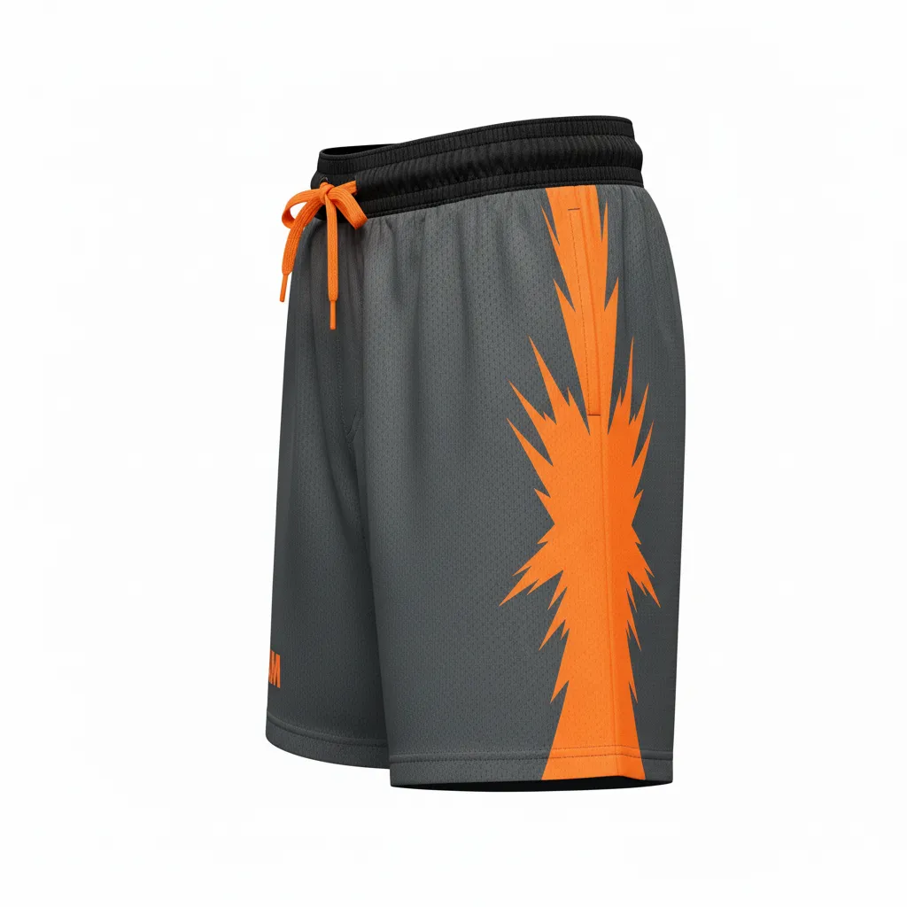 Custom Volleyball Athletic Shorts - Grey, Orange - Charcoal Neon Burst - Side View - Kinexa Sportswear