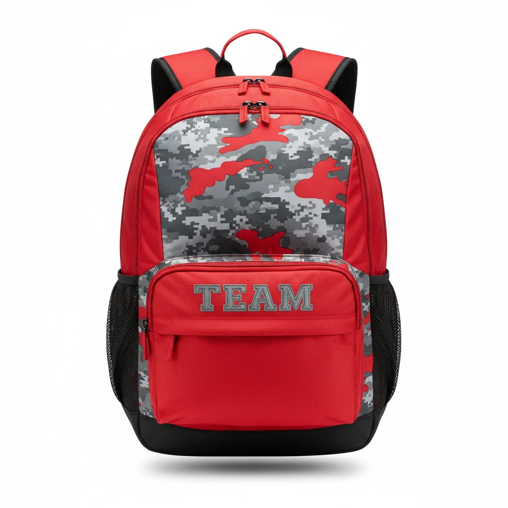 Custom Volleyball Backpack - Red, Grey - Athletic Camo Pattern - Front View - Kinexa Sportswear