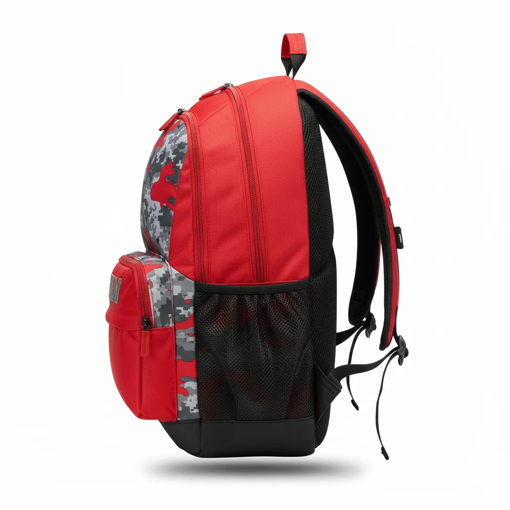 Custom Volleyball Backpack - Red, Grey - Athletic Camo Pattern - Side View - Kinexa Sportswear