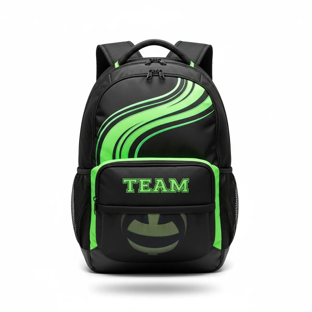 Custom Volleyball Backpack - Black, Green - Neon Wave Pattern - Front View - Kinexa Sportswear
