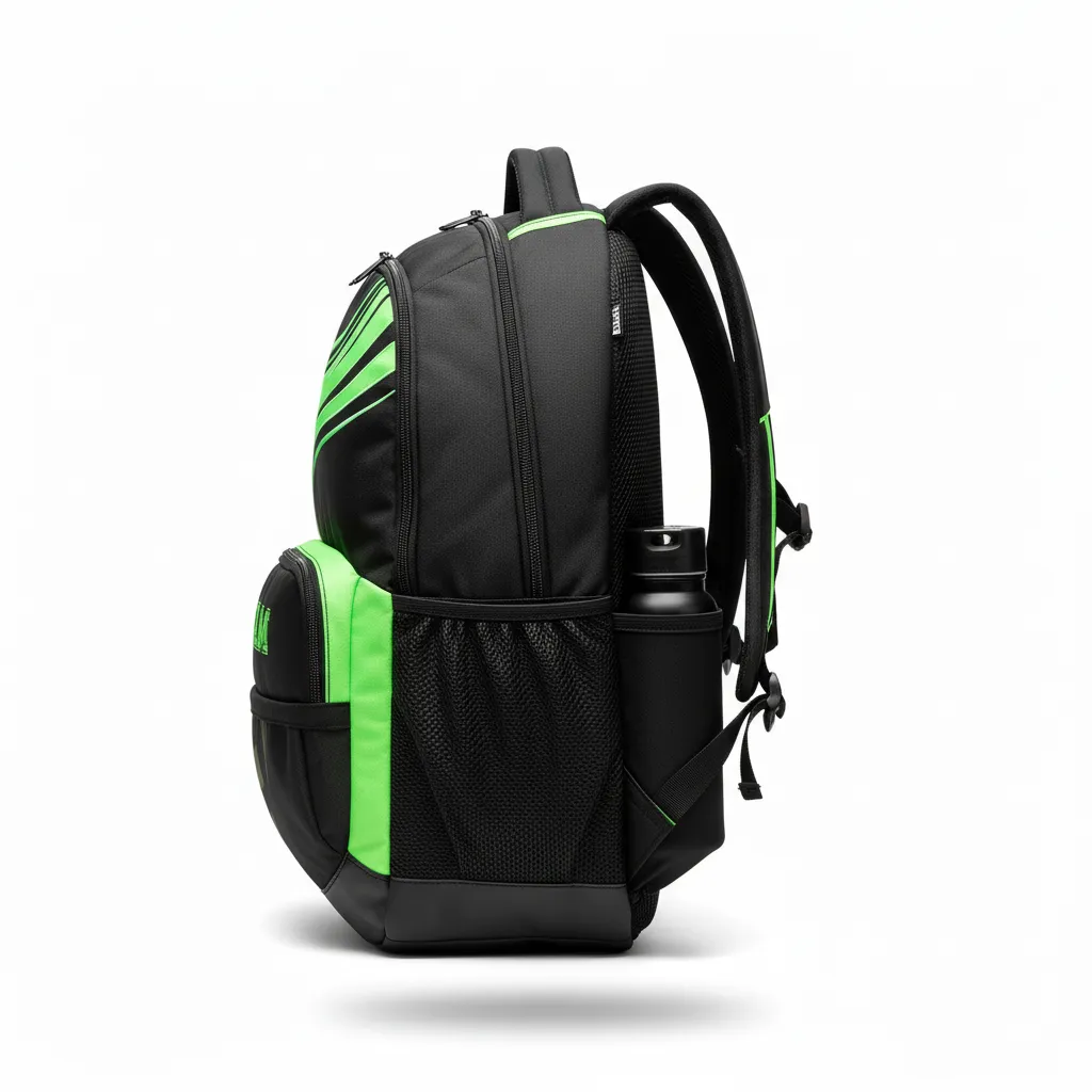 Custom Volleyball Backpack - Black, Green - Neon Wave Pattern - Side View - Kinexa Sportswear