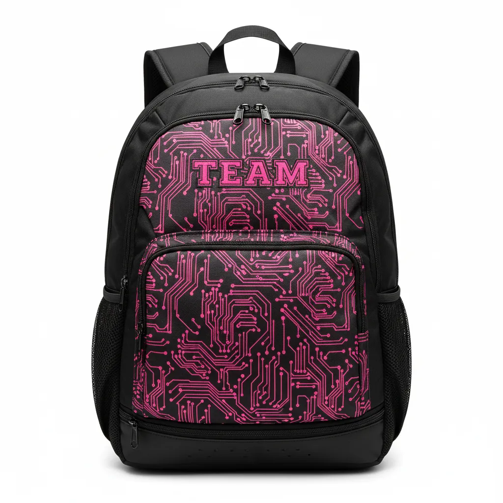 Custom Volleyball Backpack - Black, Pink - Neon Circuit Pattern - Front View - Kinexa Sportswear