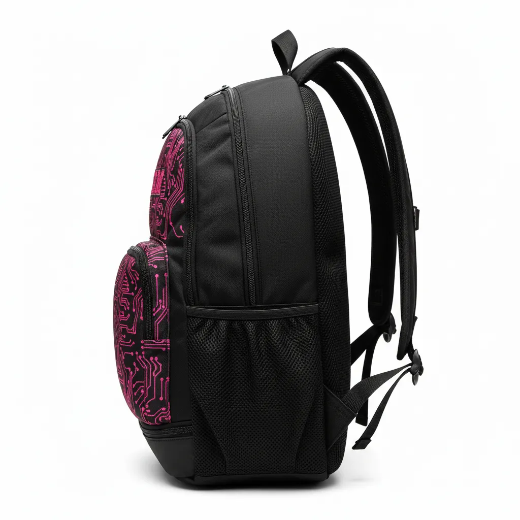 Custom Volleyball Backpack - Black, Pink - Neon Circuit Pattern - Side View - Kinexa Sportswear