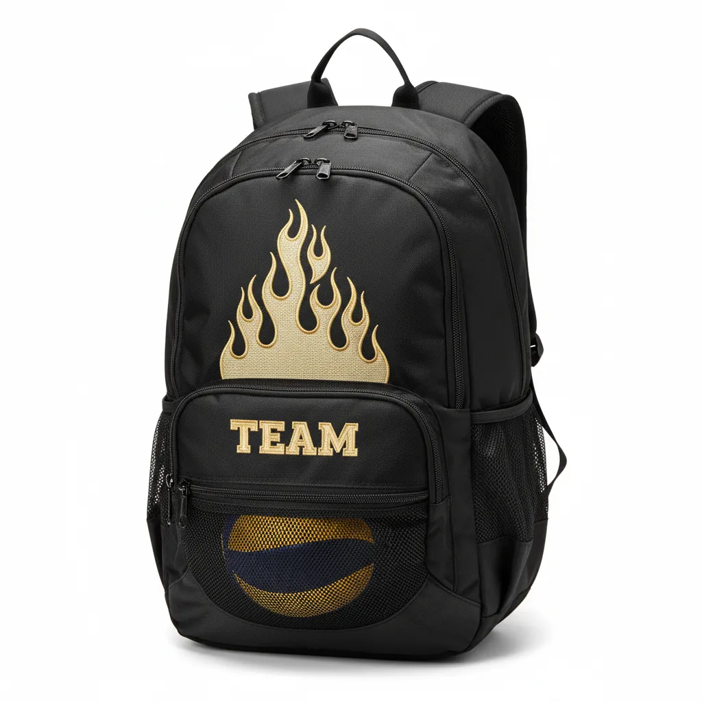 Custom Volleyball Backpack - Black, Gold - Vegas Flame Design - Front View - Kinexa Sportswear