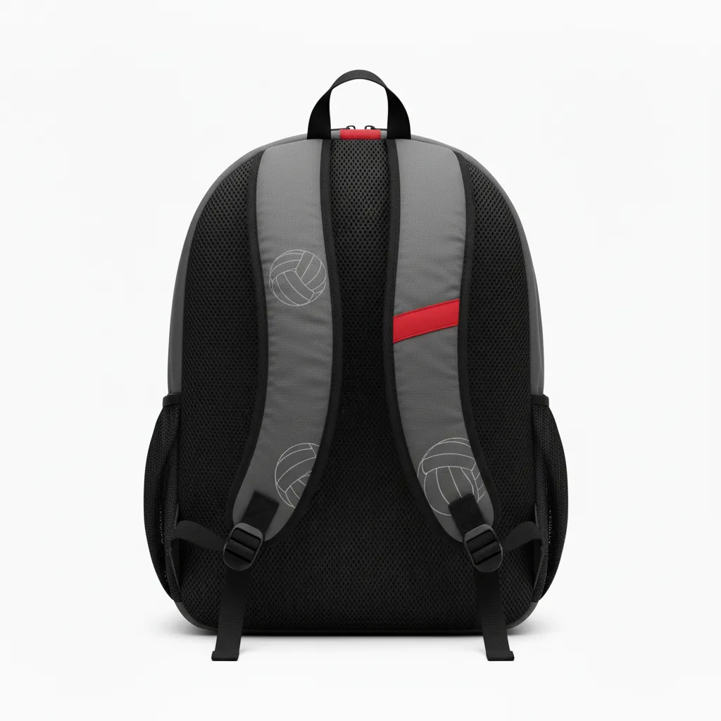 Custom Volleyball Backpack - Grey, Red - Charcoal Athletic Side Stripe - Back View - Kinexa Sportswear