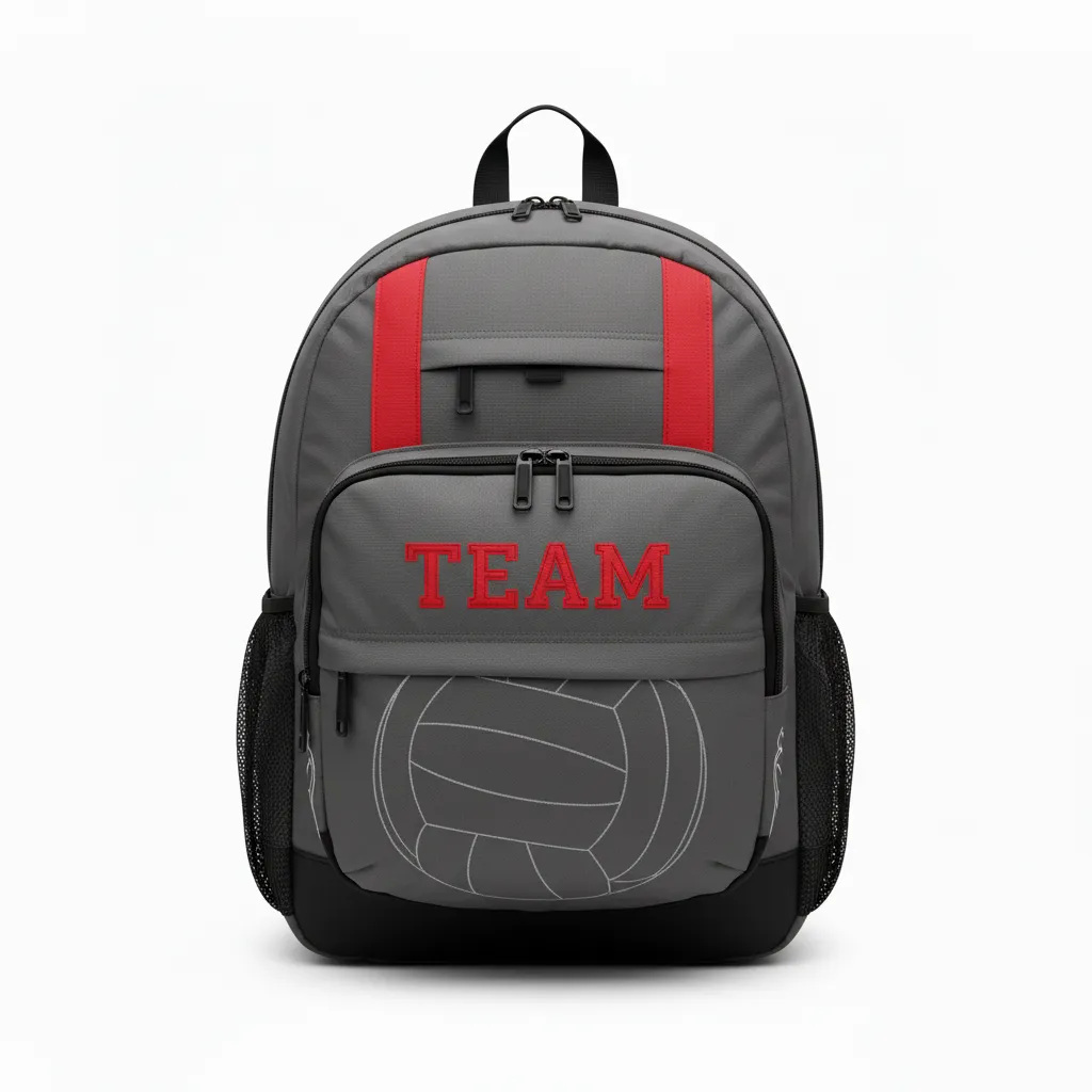 Custom Volleyball Backpack - Grey, Red - Charcoal Athletic Side Stripe - Front View - Kinexa Sportswear
