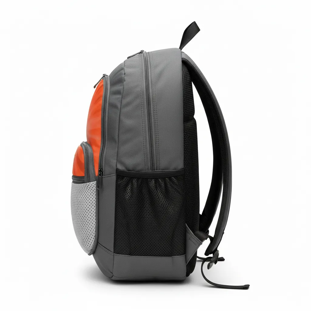 Custom Volleyball Backpack - Grey, Orange - Charcoal Neon Burst - Side View - Kinexa Sportswear