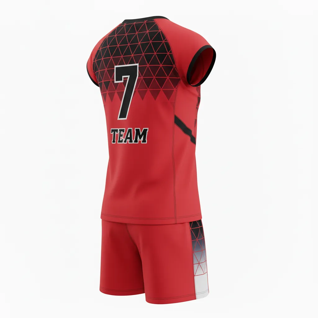 Custom Volleyball Cap Sleeve Volleyball Uniform - Red, Black - Athletic Geometric Triangles - Back View - Kinexa Sportswear