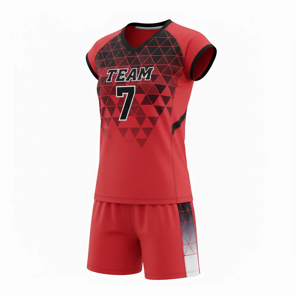 Custom Volleyball Cap Sleeve Volleyball Uniform - Red, Black - Athletic Geometric Triangles - Front View - Kinexa Sportswear