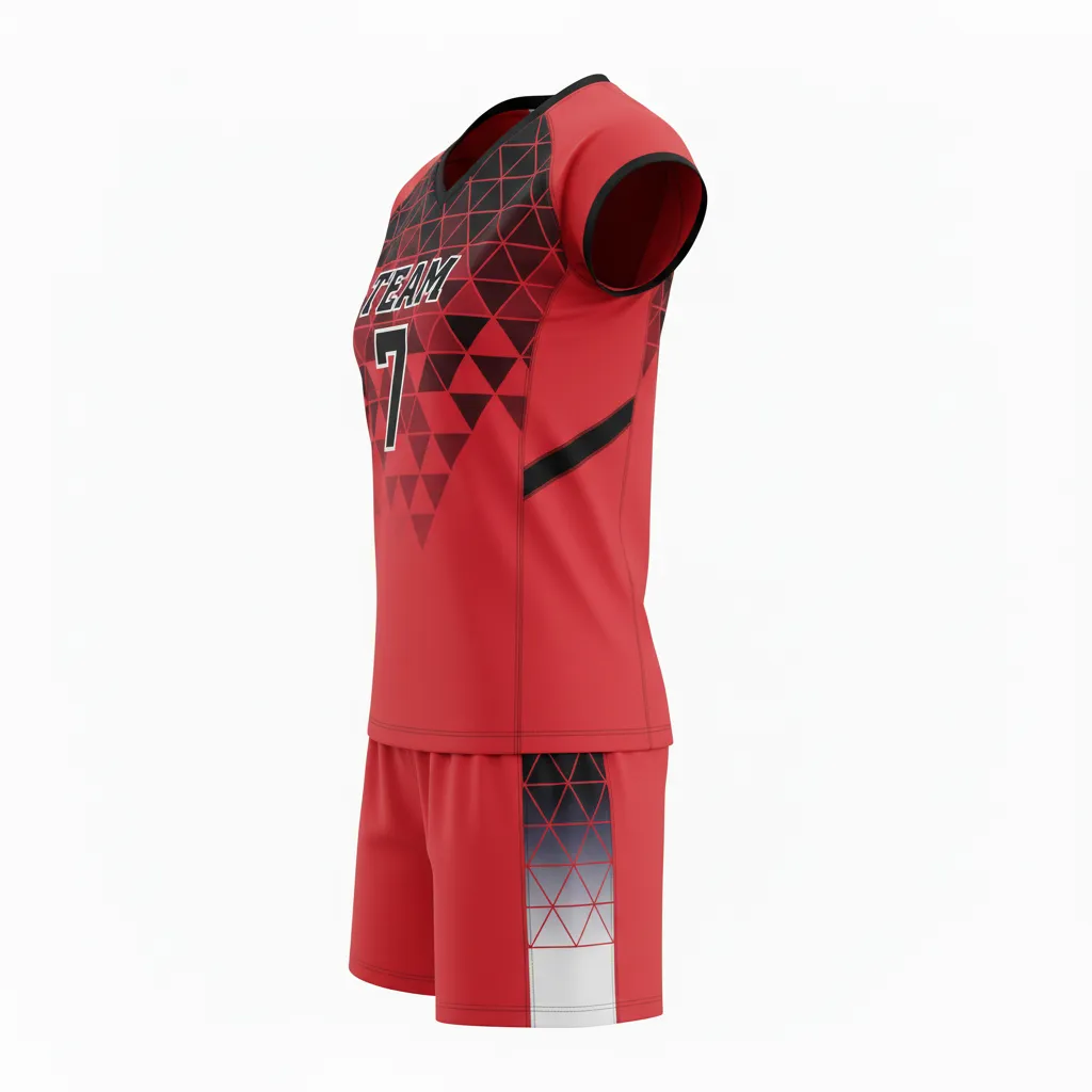 Custom Volleyball Cap Sleeve Volleyball Uniform - Red, Black - Athletic Geometric Triangles - Side View - Kinexa Sportswear