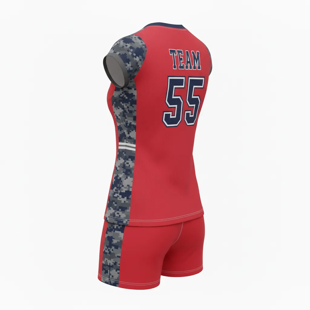 Custom Volleyball Cap Sleeve Volleyball Uniform - Red, Grey - Athletic Camo Pattern - Back View - Kinexa Sportswear