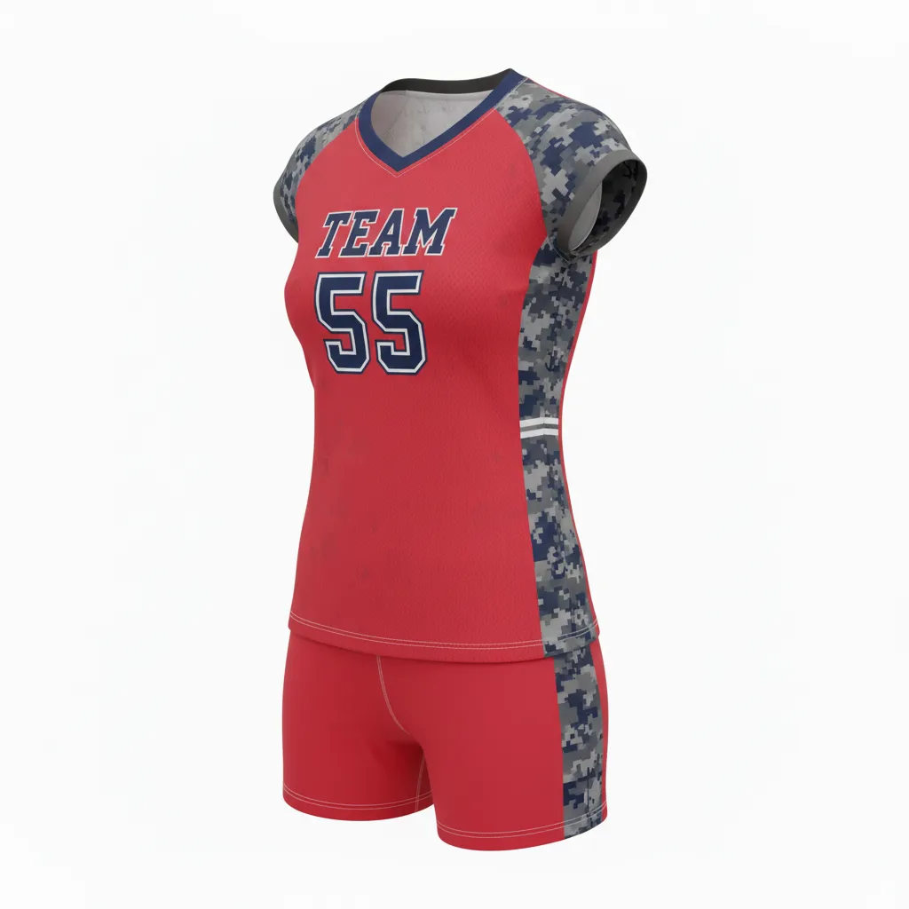Custom Volleyball Cap Sleeve Volleyball Uniform - Red, Grey - Athletic Camo Pattern - Front View - Kinexa Sportswear