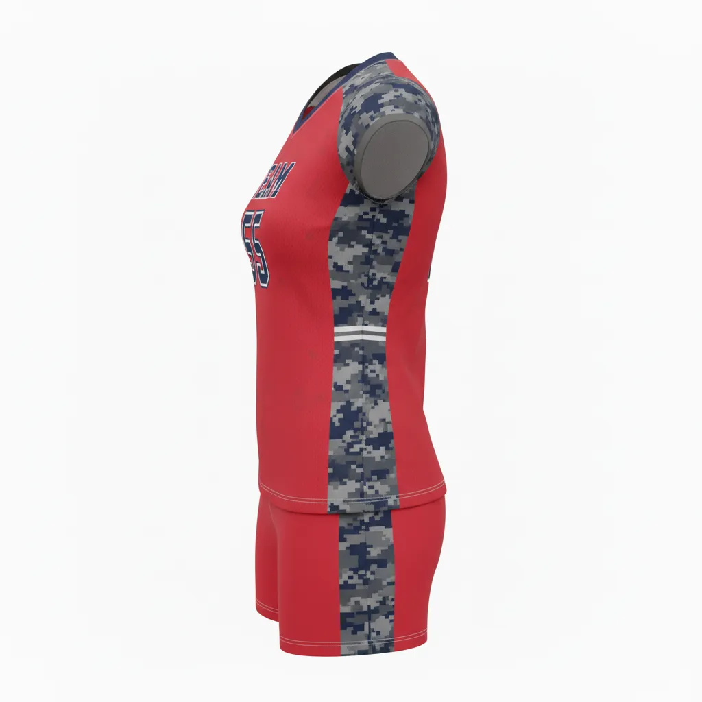 Custom Volleyball Cap Sleeve Volleyball Uniform - Red, Grey - Athletic Camo Pattern - Side View - Kinexa Sportswear