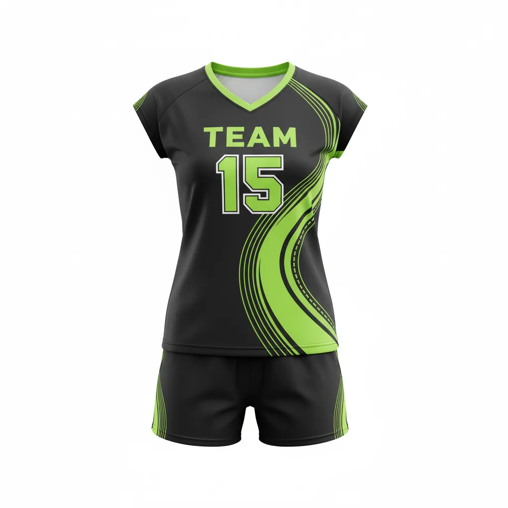 Custom Volleyball Cap Sleeve Volleyball Uniform - Black, Green - Neon Wave Pattern - Front View - Kinexa Sportswear