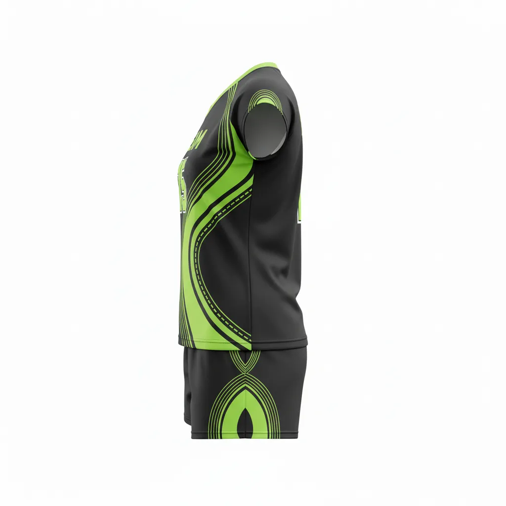 Custom Volleyball Cap Sleeve Volleyball Uniform - Black, Green - Neon Wave Pattern - Side View - Kinexa Sportswear