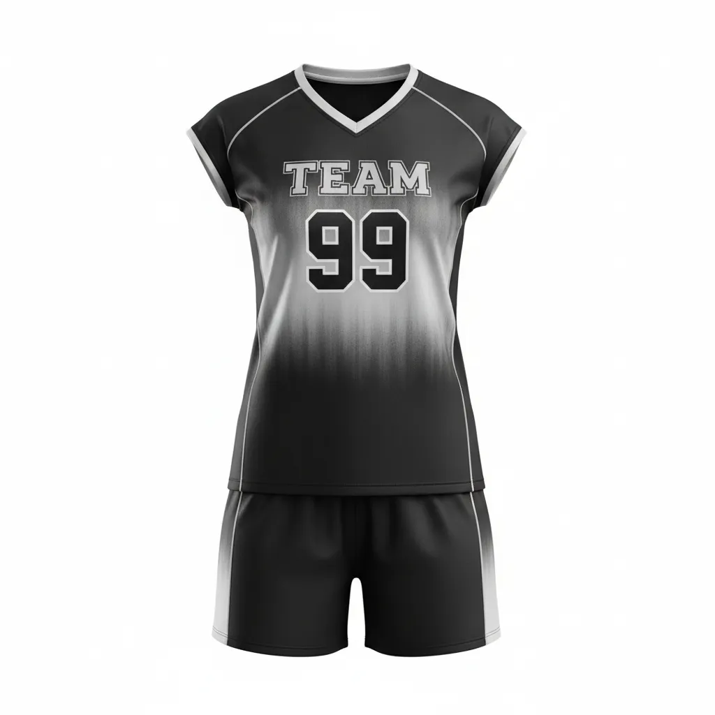 Custom Volleyball Cap Sleeve Volleyball Uniform - Black, Silver - Metallic Fade - Front View - Kinexa Sportswear
