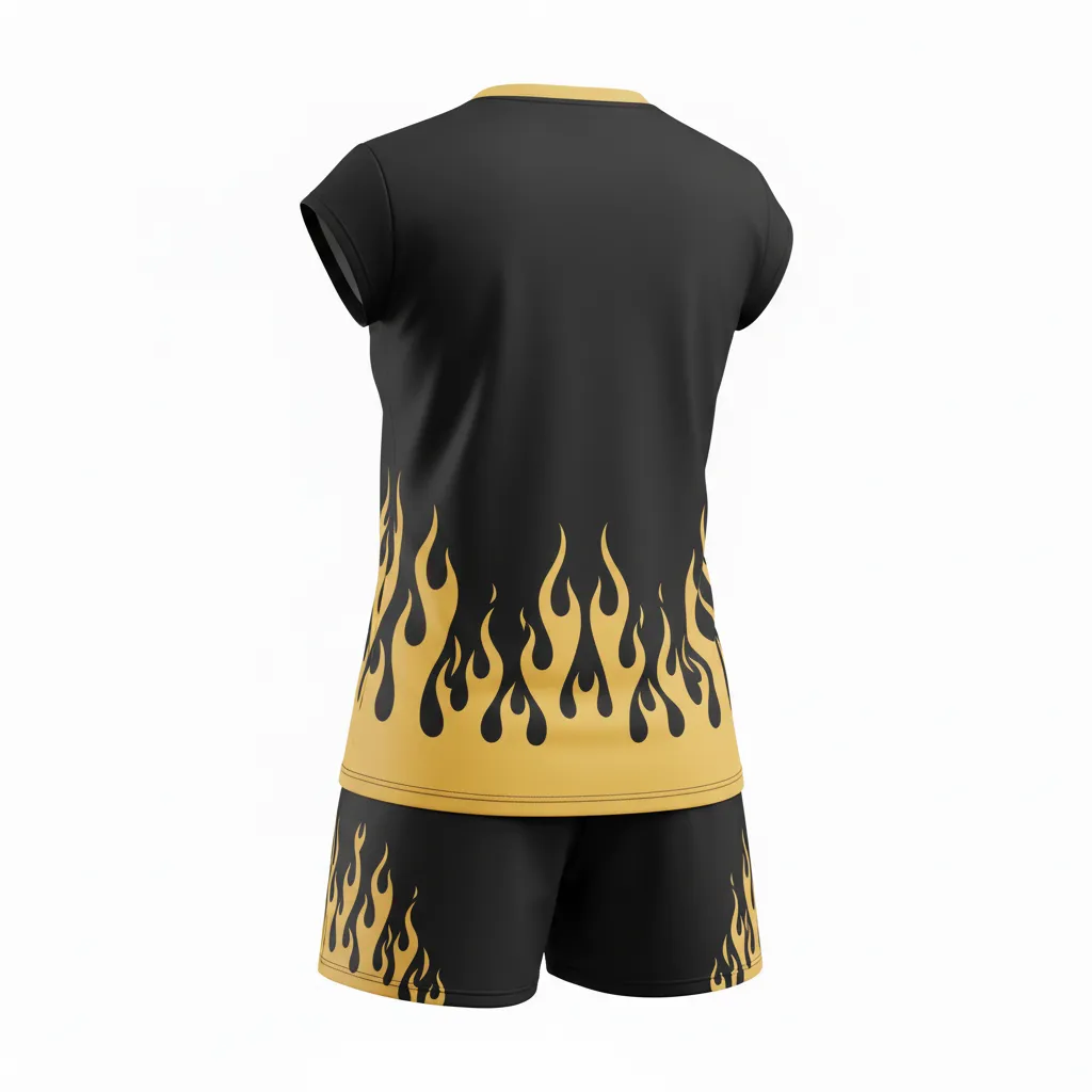 Custom Volleyball Cap Sleeve Volleyball Uniform - Black, Gold - Vegas Flame Design - Back View - Kinexa Sportswear