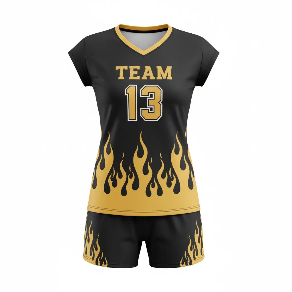 Custom Volleyball Cap Sleeve Volleyball Uniform - Black, Gold - Vegas Flame Design - Front View - Kinexa Sportswear