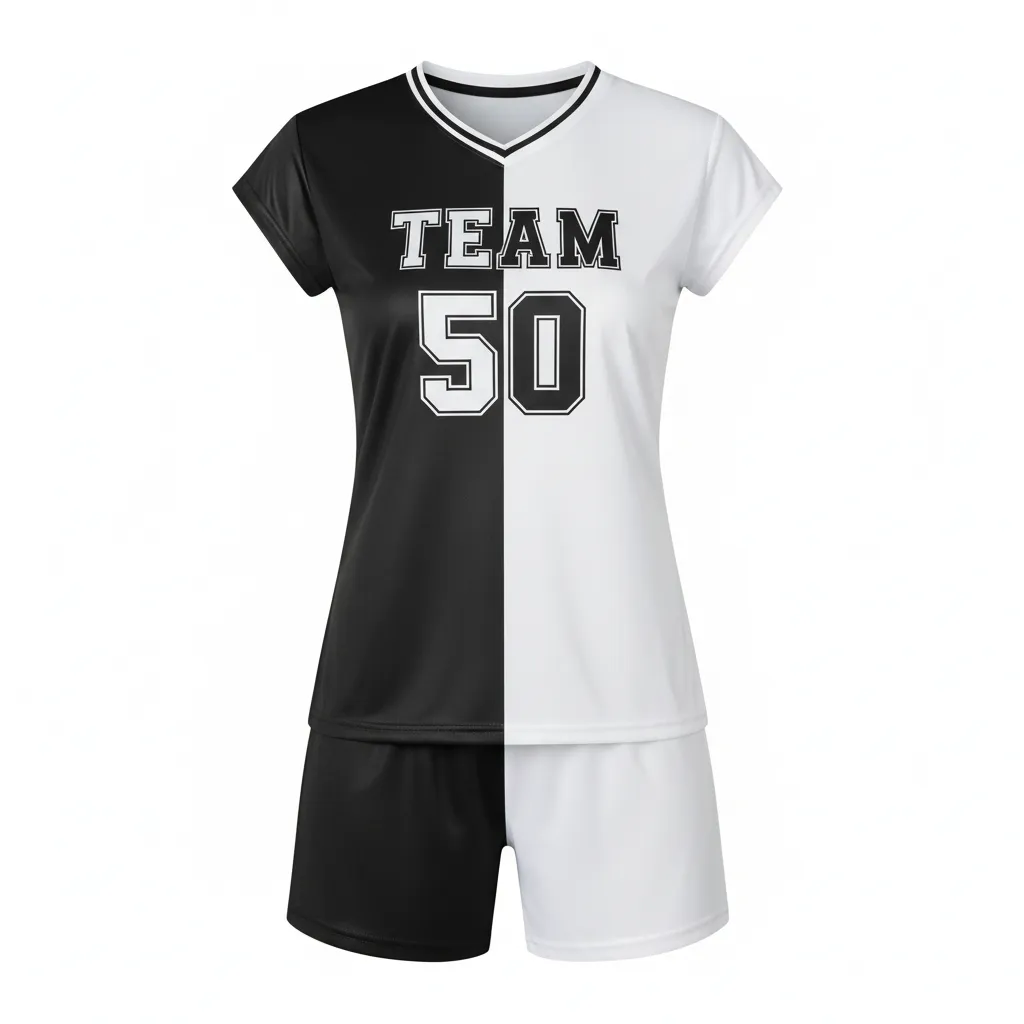 Custom Volleyball Cap Sleeve Volleyball Uniform - Black, White - Half And Half - Front View - Kinexa Sportswear