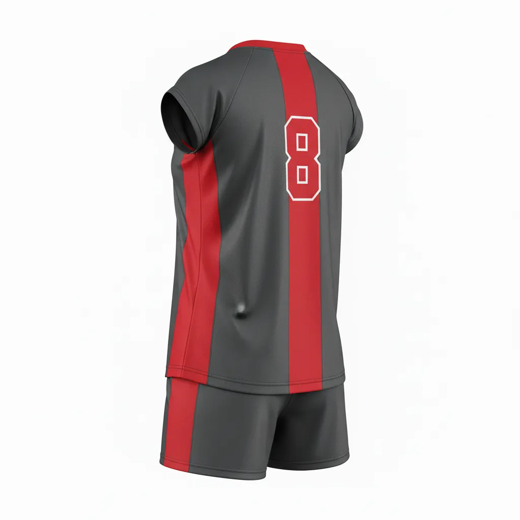 Custom Volleyball Cap Sleeve Volleyball Uniform - Grey, Red - Charcoal Athletic Side Stripe - Back View - Kinexa Sportswear