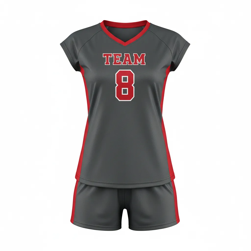 Custom Volleyball Cap Sleeve Volleyball Uniform - Grey, Red - Charcoal Athletic Side Stripe - Front View - Kinexa Sportswear