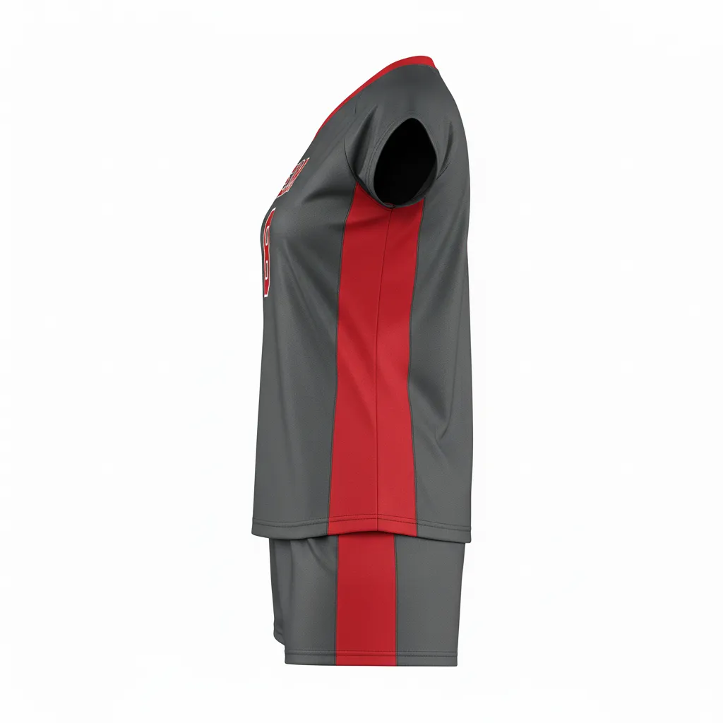 Custom Volleyball Cap Sleeve Volleyball Uniform - Grey, Red - Charcoal Athletic Side Stripe - Side View - Kinexa Sportswear