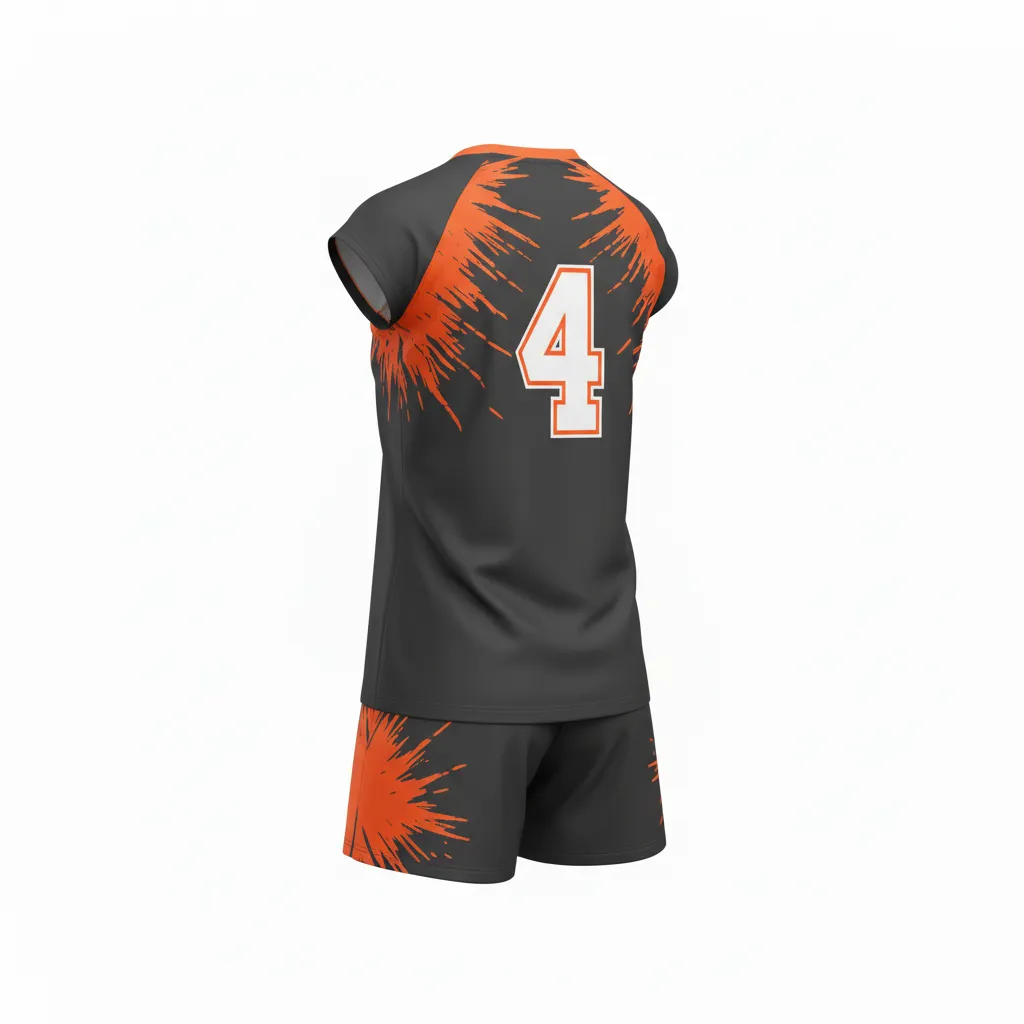 Custom Volleyball Cap Sleeve Volleyball Uniform - Grey, Orange - Charcoal Neon Burst - Back View - Kinexa Sportswear