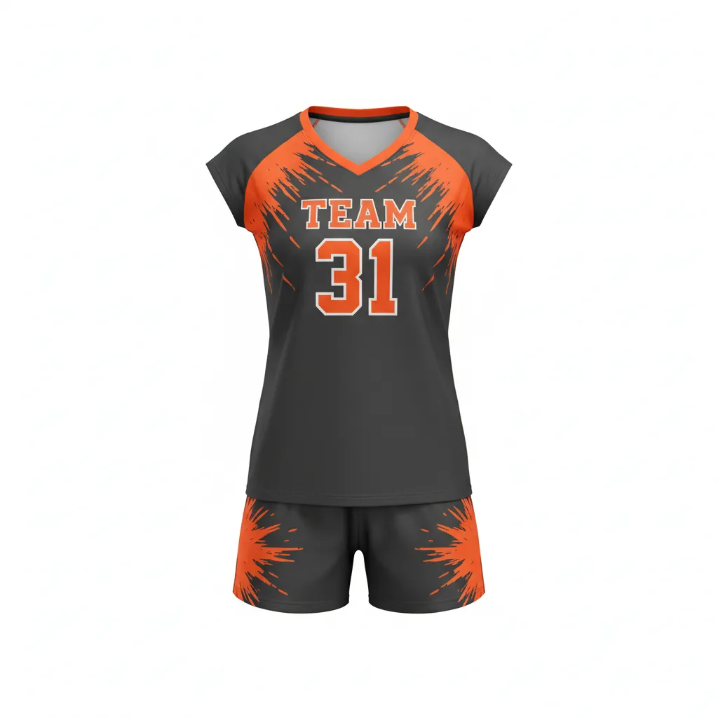 Custom Volleyball Cap Sleeve Volleyball Uniform - Grey, Orange - Charcoal Neon Burst - Front View - Kinexa Sportswear