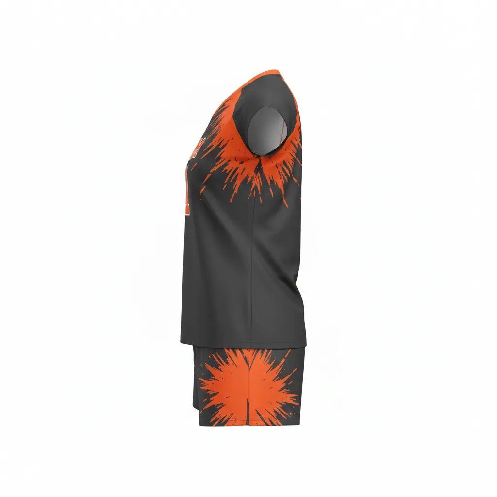 Custom Volleyball Cap Sleeve Volleyball Uniform - Grey, Orange - Charcoal Neon Burst - Side View - Kinexa Sportswear