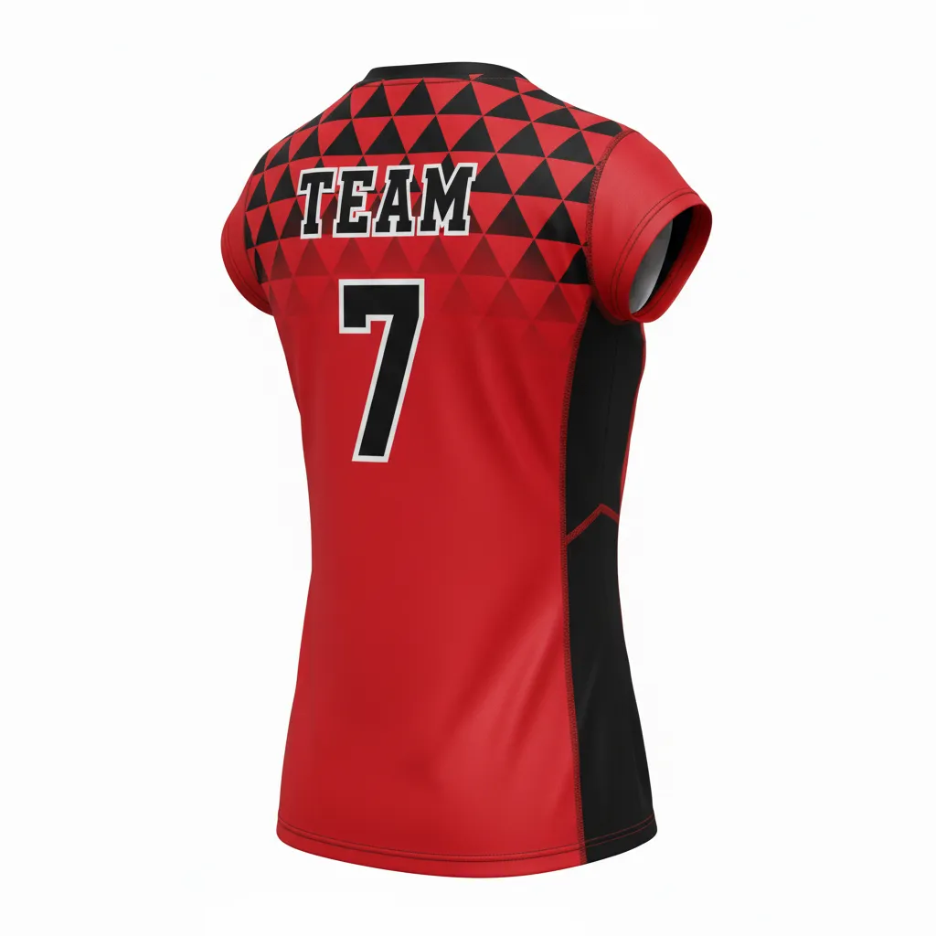 Custom Volleyball Crewneck Cap Sleeve Jersey - Red, Black - Athletic Geometric Triangles - Back View - Kinexa Sportswear