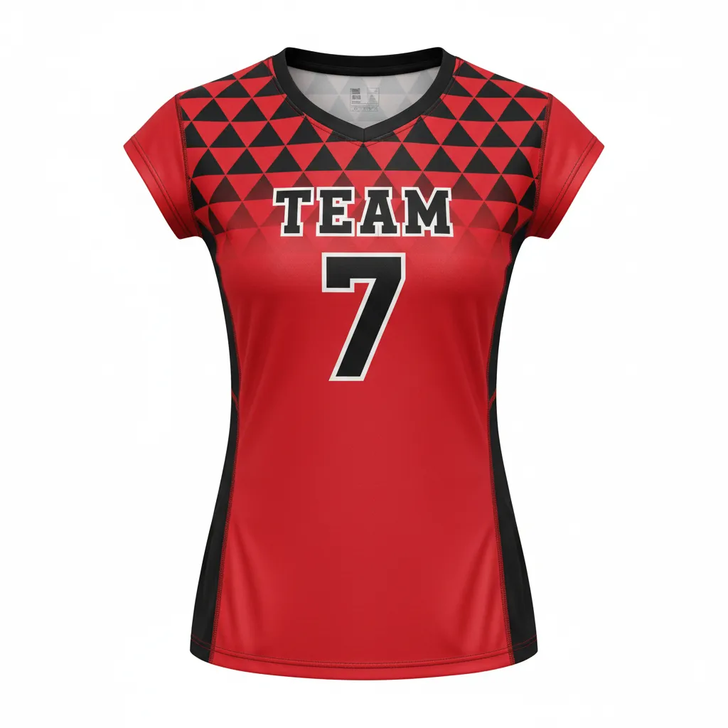 Custom Volleyball Crewneck Cap Sleeve Jersey - Red, Black - Athletic Geometric Triangles - Front View - Kinexa Sportswear