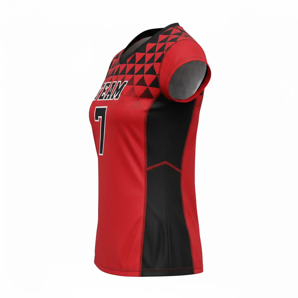 Custom Volleyball Crewneck Cap Sleeve Jersey - Red, Black - Athletic Geometric Triangles - Side View - Kinexa Sportswear