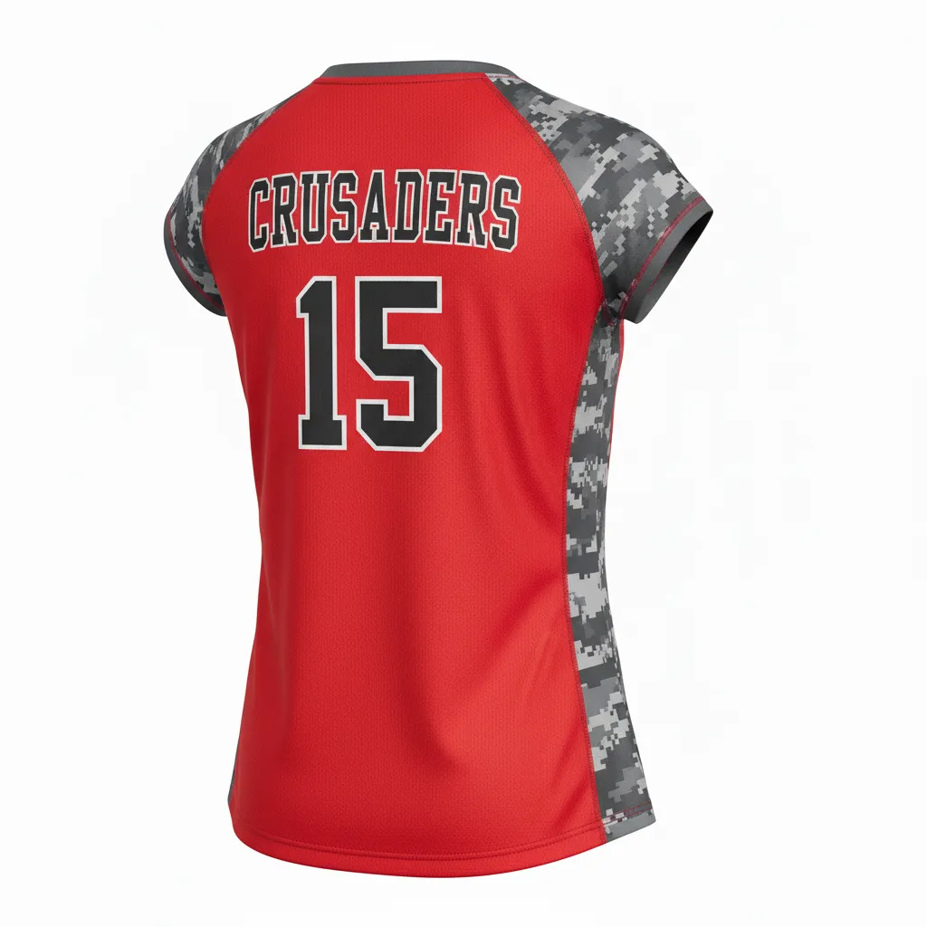 Custom Volleyball Crewneck Cap Sleeve Jersey - Red, Grey - Athletic Camo Pattern - Back View - Kinexa Sportswear