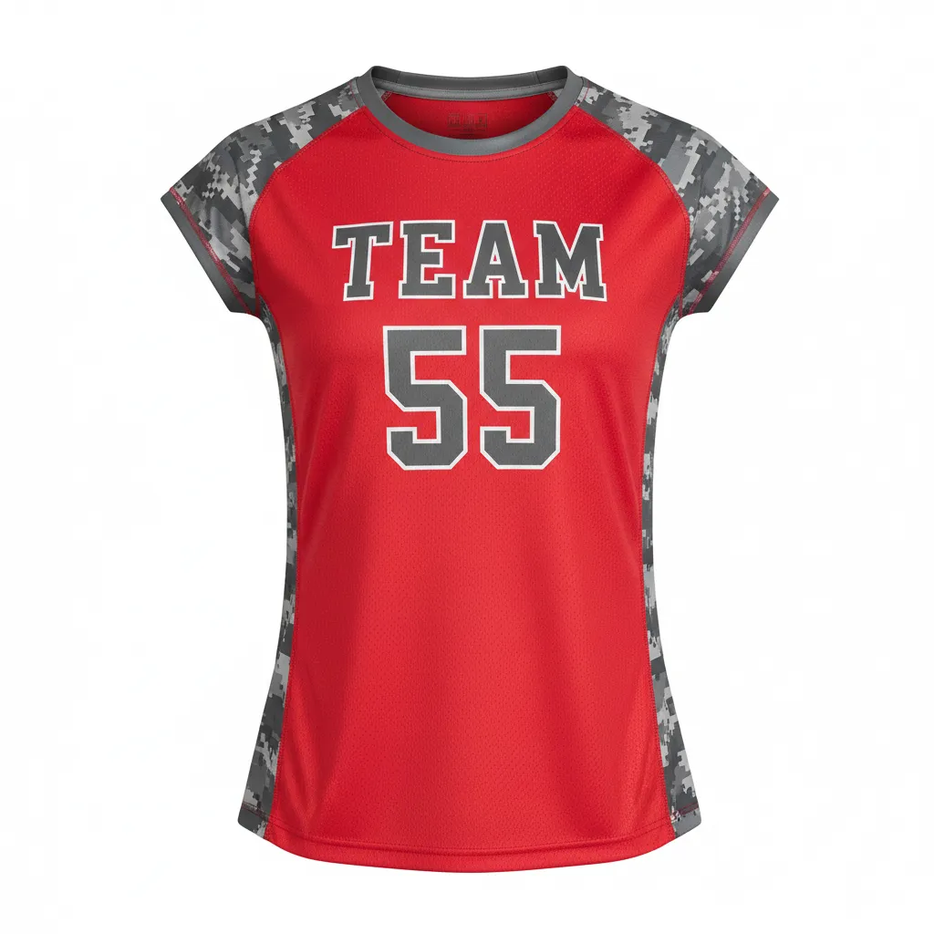 Custom Volleyball Crewneck Cap Sleeve Jersey - Red, Grey - Athletic Camo Pattern - Front View - Kinexa Sportswear