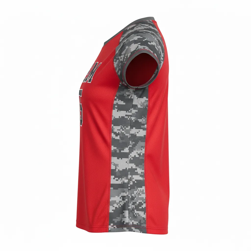 Custom Volleyball Crewneck Cap Sleeve Jersey - Red, Grey - Athletic Camo Pattern - Side View - Kinexa Sportswear