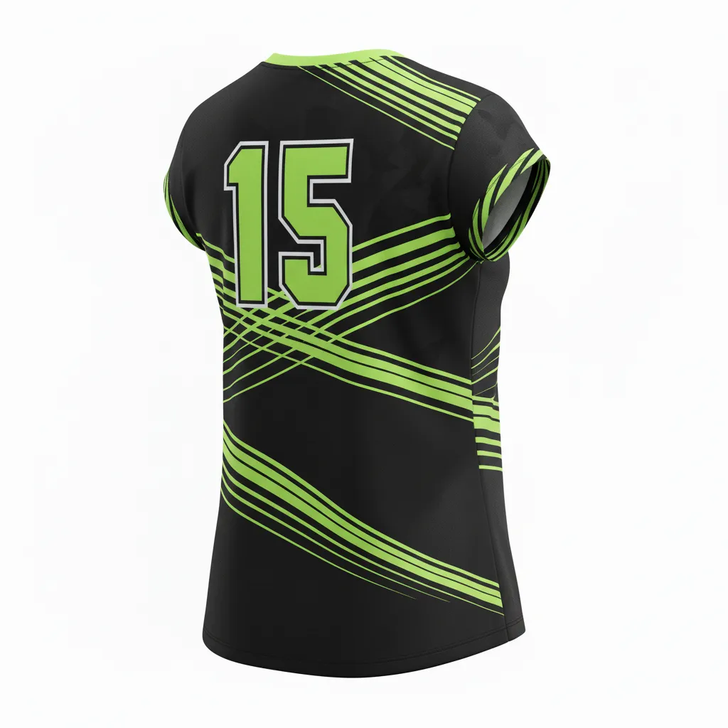 Custom Volleyball Crewneck Cap Sleeve Jersey - Black, Green - Neon Wave Pattern - Back View - Kinexa Sportswear