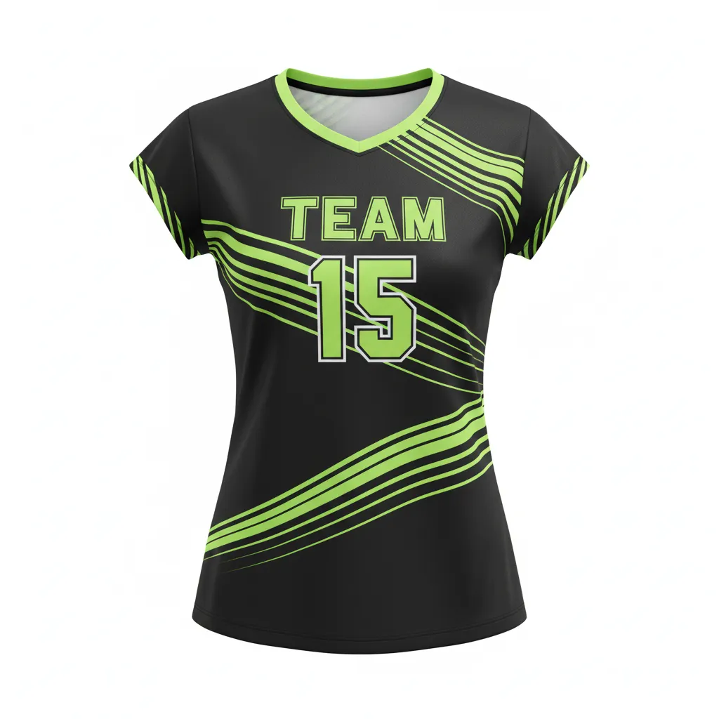 Custom Volleyball Crewneck Cap Sleeve Jersey - Black, Green - Neon Wave Pattern - Front View - Kinexa Sportswear