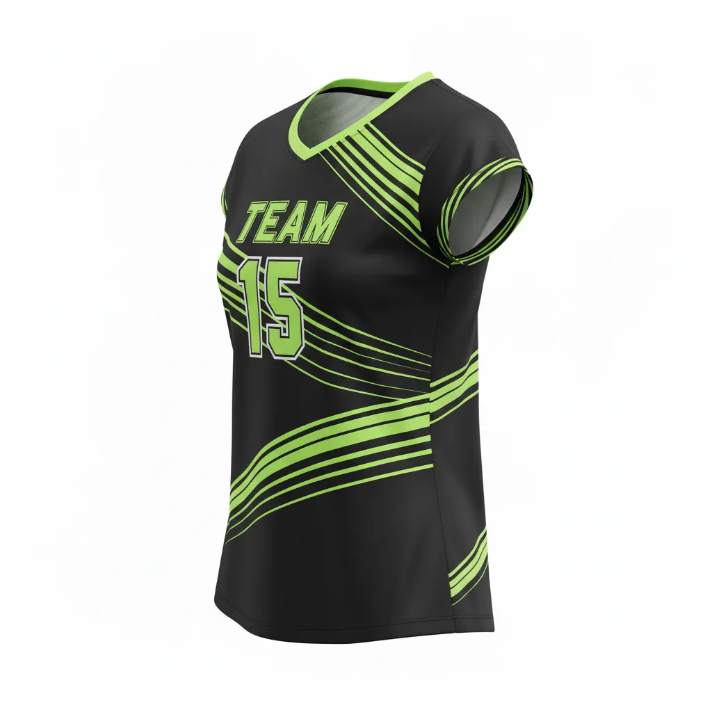 Custom Volleyball Crewneck Cap Sleeve Jersey - Black, Green - Neon Wave Pattern - Side View - Kinexa Sportswear