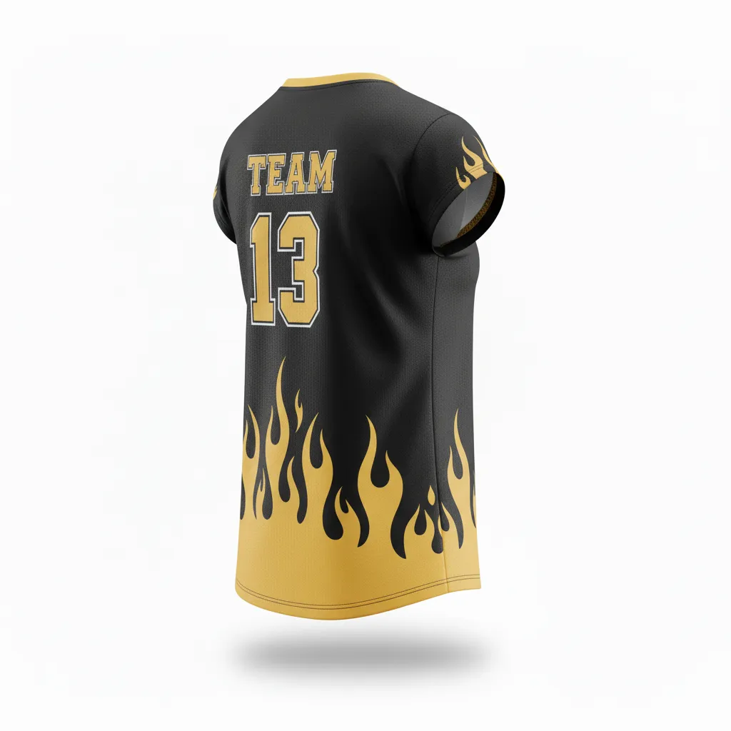 Custom Volleyball Crewneck Cap Sleeve Jersey - Black, Gold - Vegas Flame Design - Back View - Kinexa Sportswear