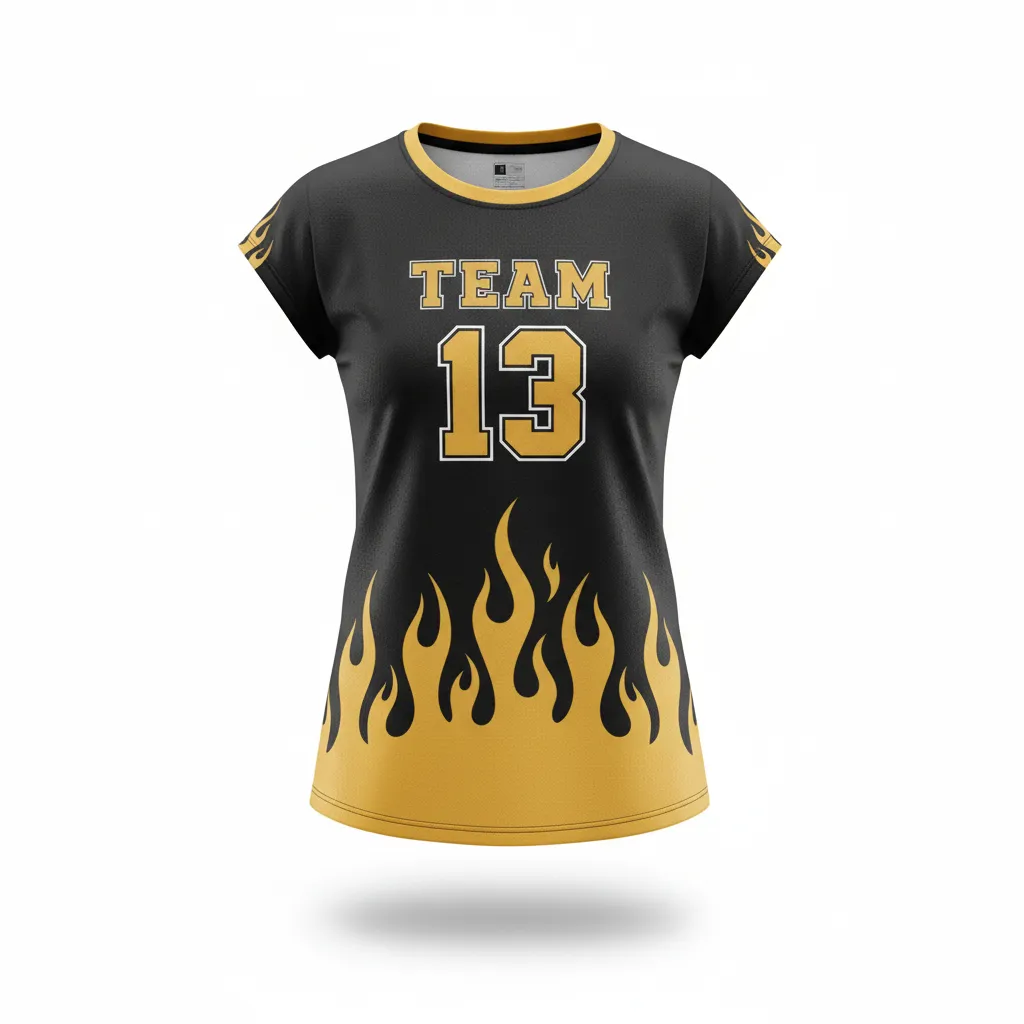 Custom Volleyball Crewneck Cap Sleeve Jersey - Black, Gold - Vegas Flame Design - Front View - Kinexa Sportswear